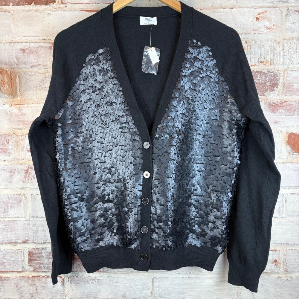 NWT Madewell Wallace Black Matte Sequin Button Front Cardigan L